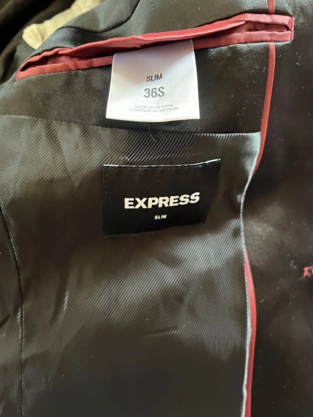 Express Slim Burgundy Velvet Tuxedo Blazer with Black Satin Lapel